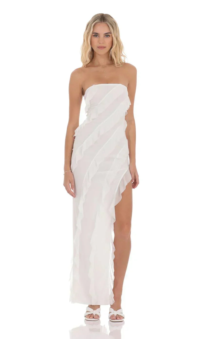 Cloud Nine Mesh Ruffle Strapless Maxi Dress