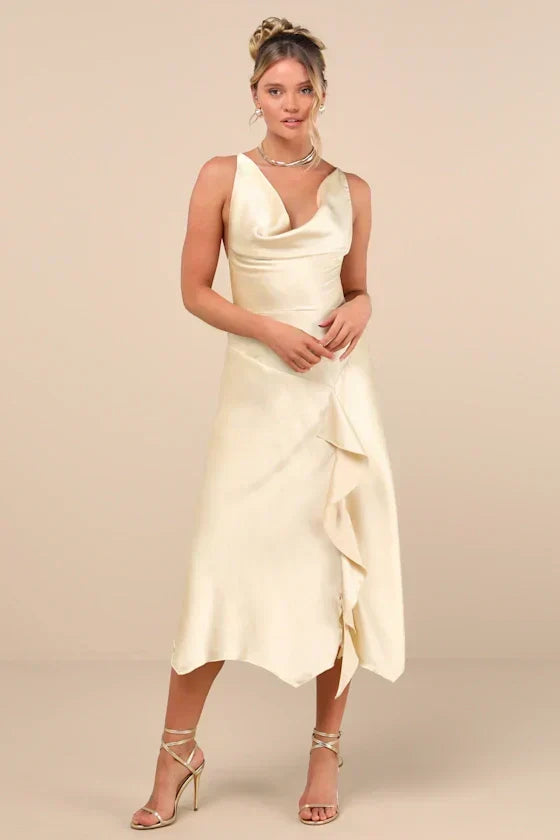 Evette Pale Yellow Satin Cowl Ruffled Handkerchief Midi Dress