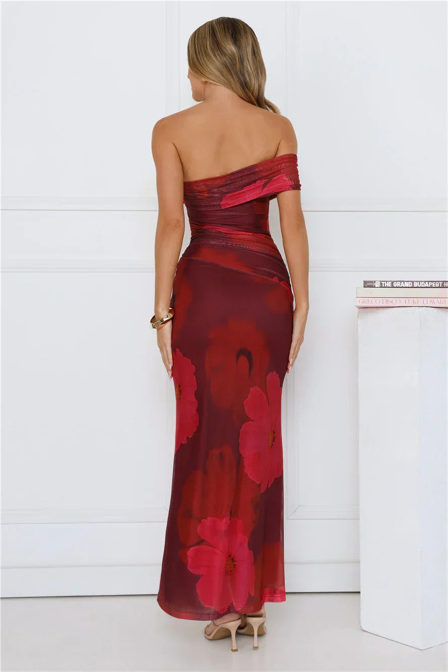 Mischief Glow Off Shoulder Mesh Maxi Dress Purple