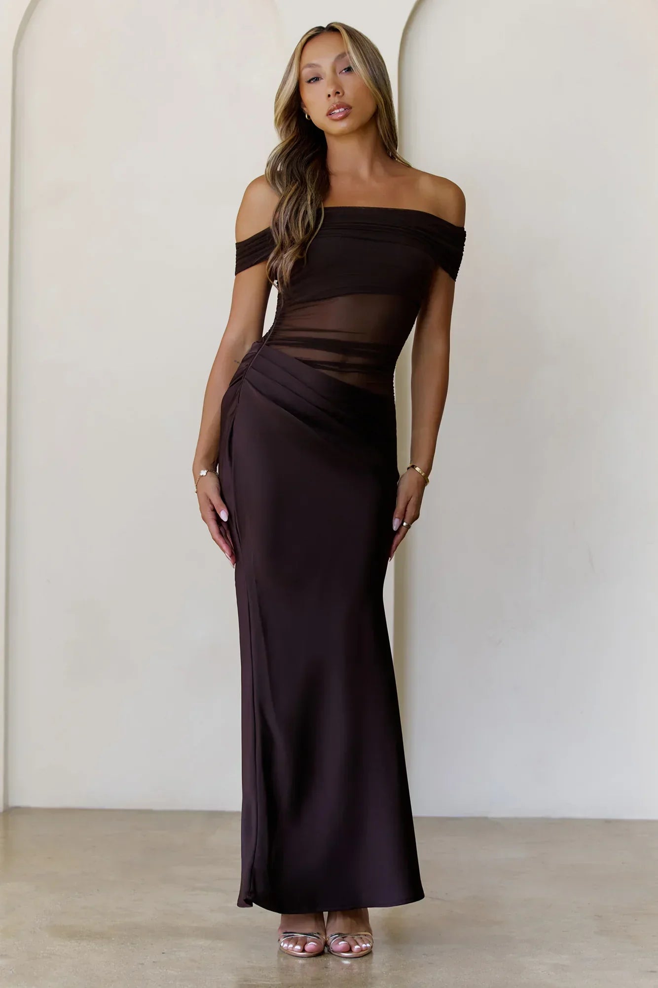 Veiled Whispers Off Shoulder Maxi Dress Brown
