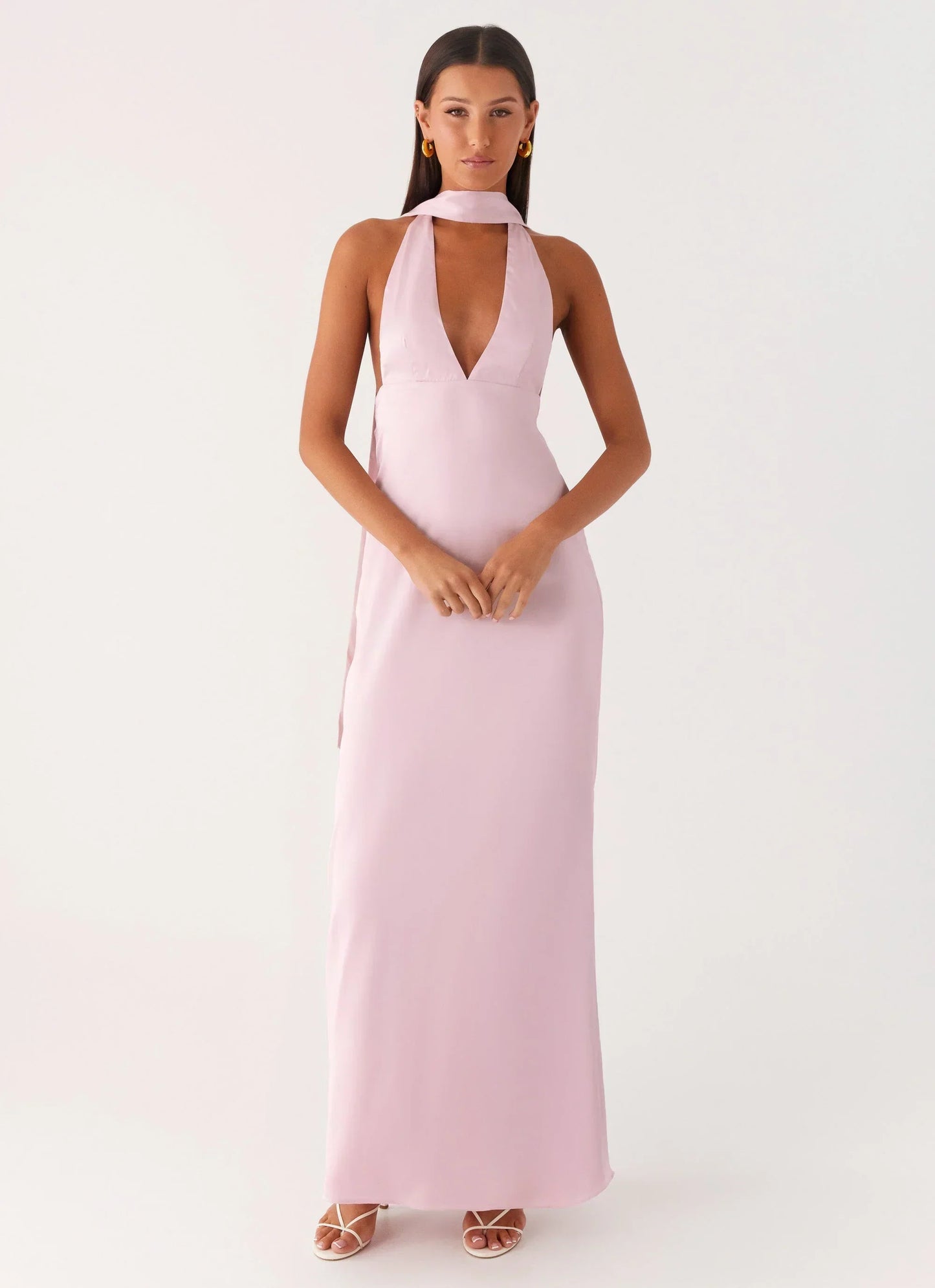 Alicia Satin Halter Maxi Dress - Baby Pink
