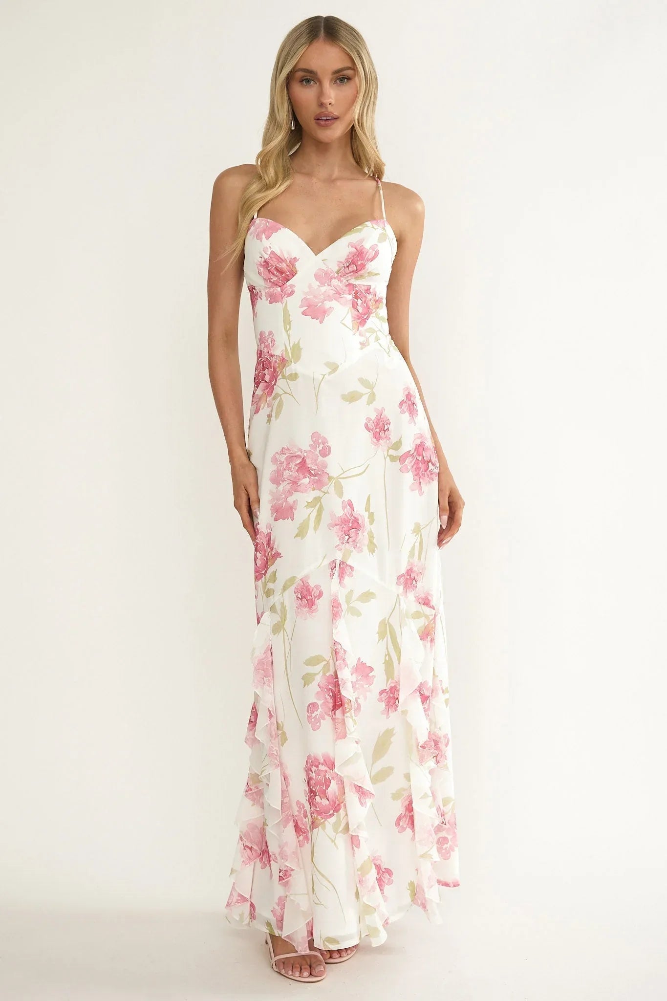 Charlisa Ruffle Maxi Dress Floral White