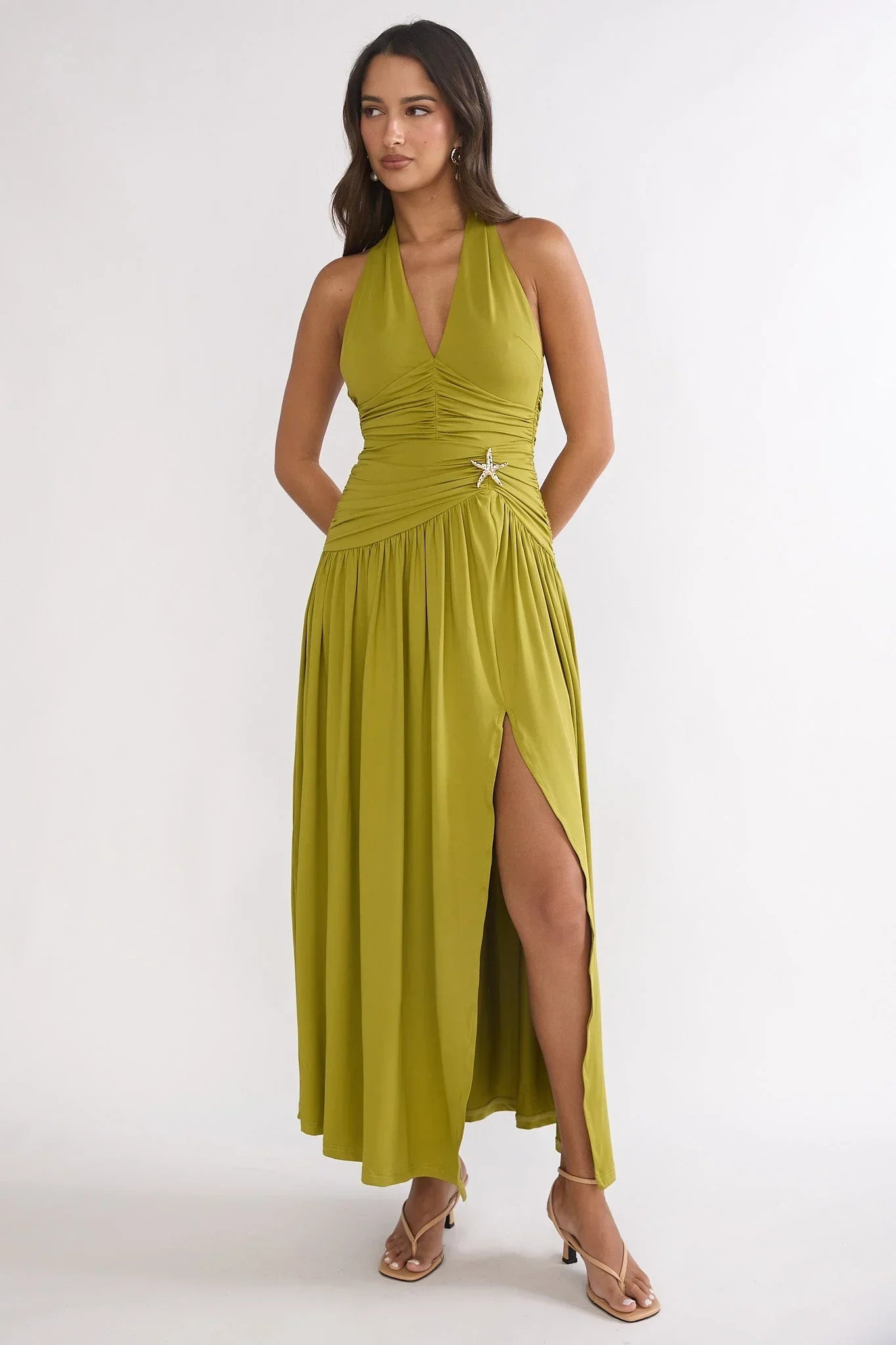 Nightbloom Halter Maxi Dress Olive