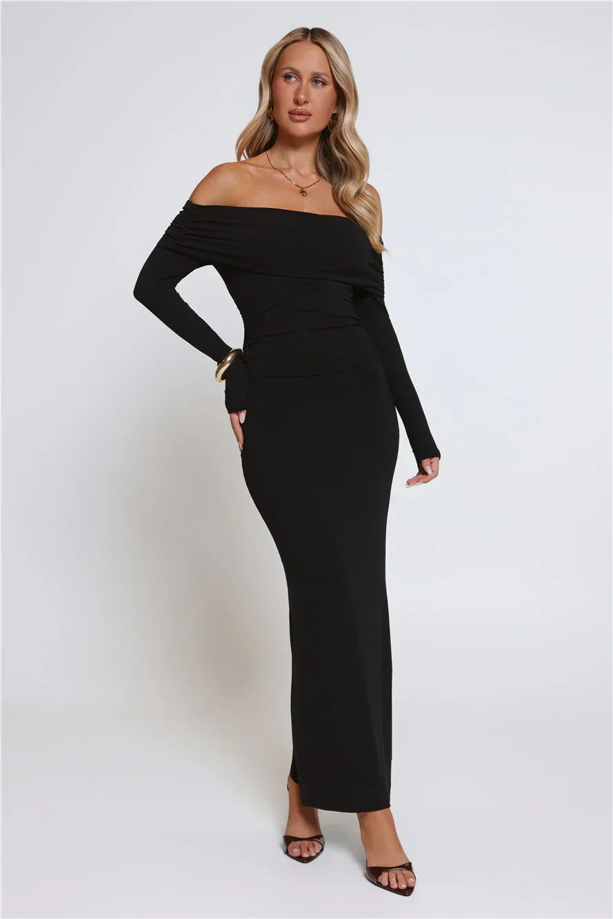 Mind Made Up Off Shoulder Long Sleeve Maxi Dress Black