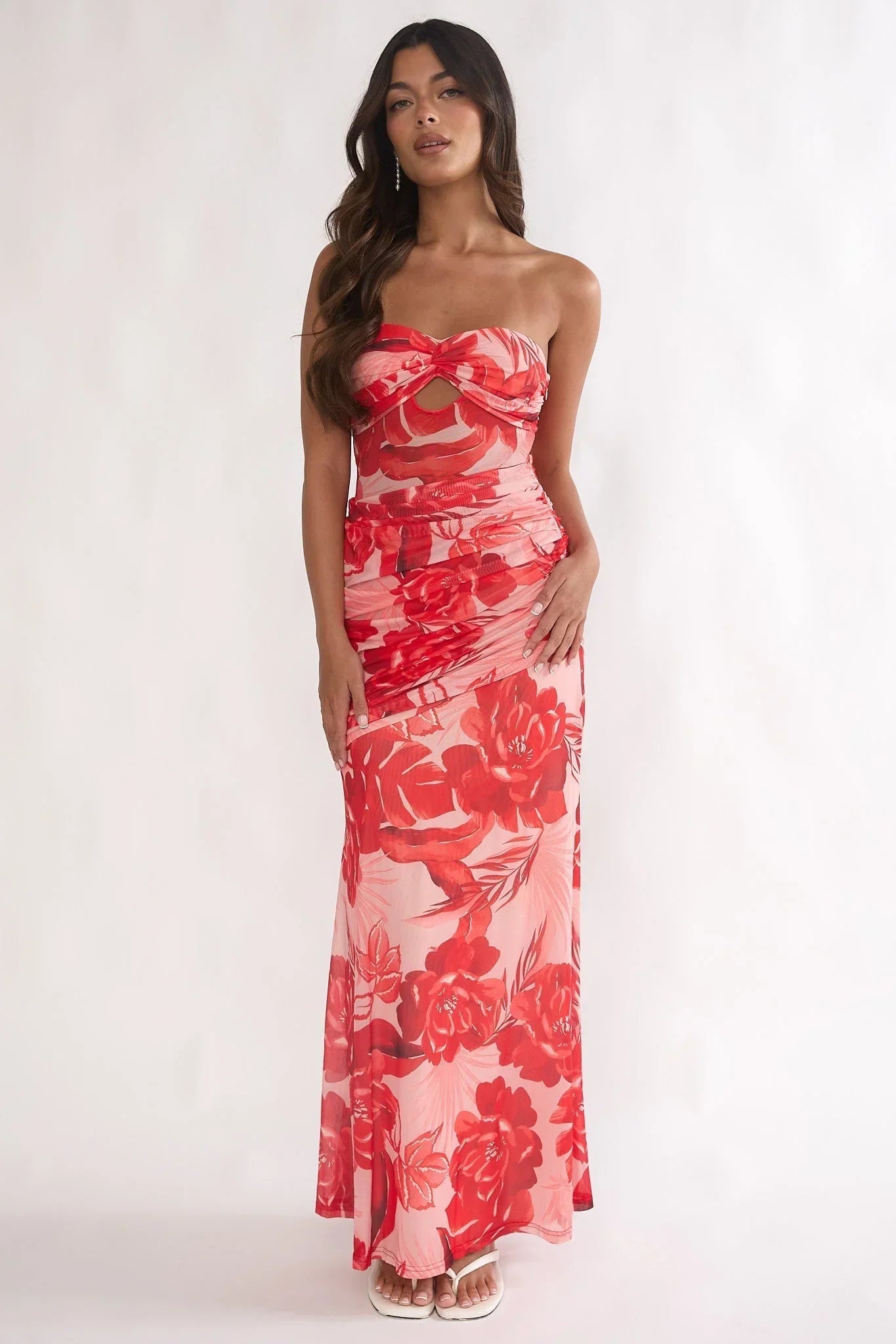Kallira Ruched Maxi Dress Floral Red