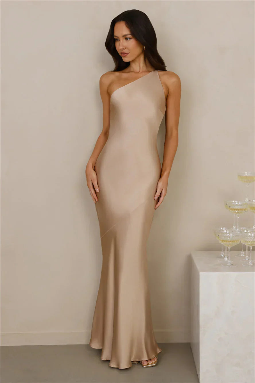 The Evangeline One Shoulder Satin Maxi Dress Champagne