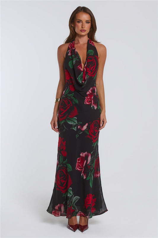Rosy Perfume Halter Maxi Dress Black
