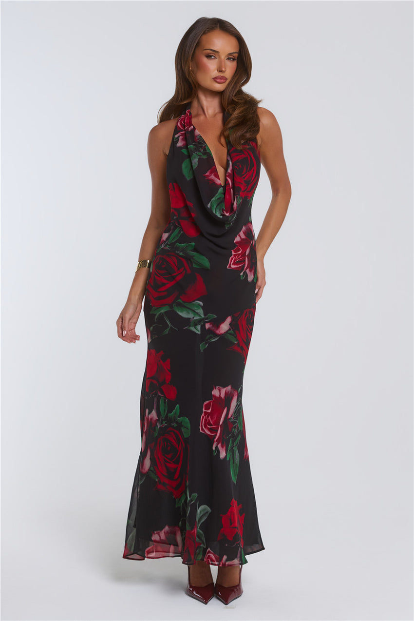 Rosy Perfume Halter Maxi Dress Black