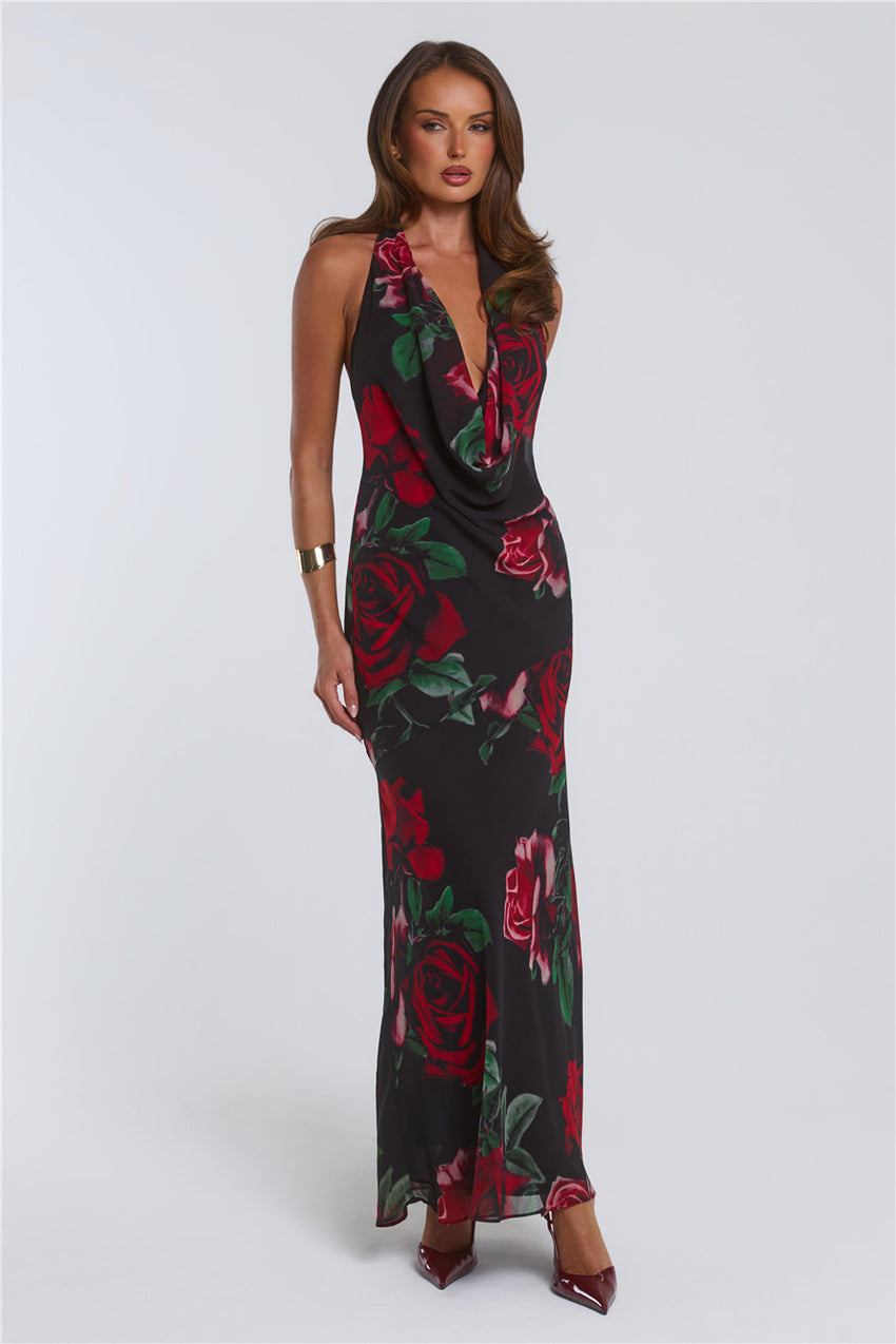 Rosy Perfume Halter Maxi Dress Black