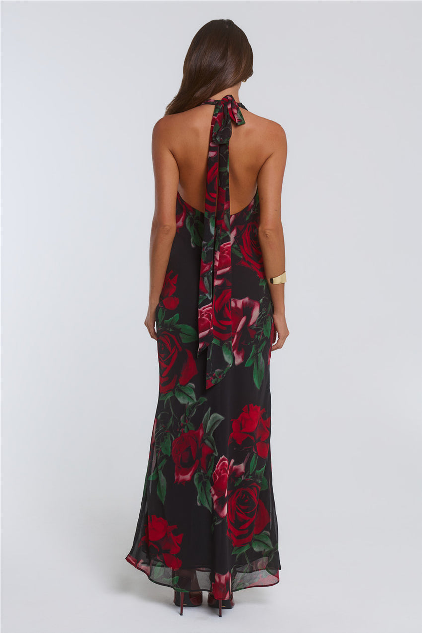 Rosy Perfume Halter Maxi Dress Black