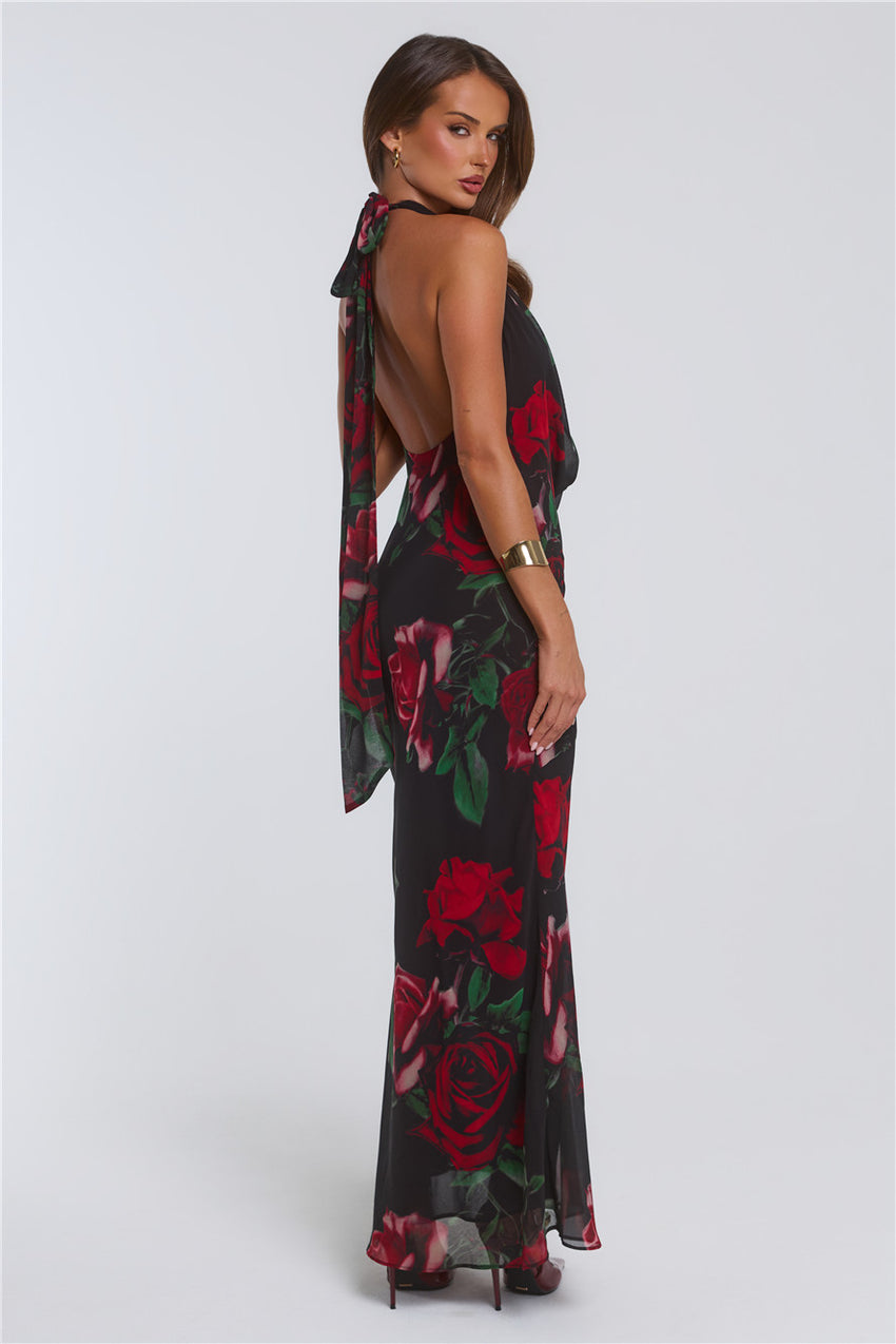 Rosy Perfume Halter Maxi Dress Black