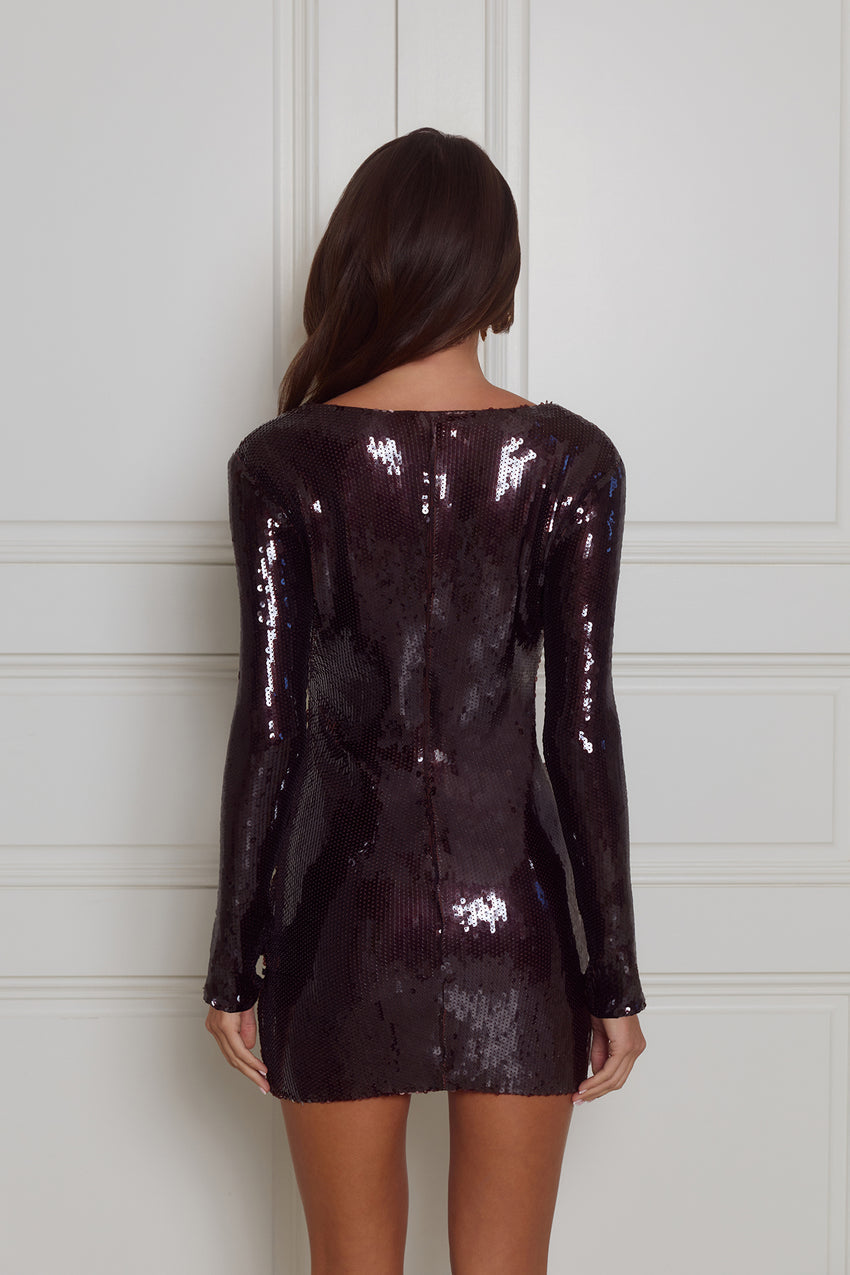 Sequinned Sensation Long Sleeve Mini Dress Brown