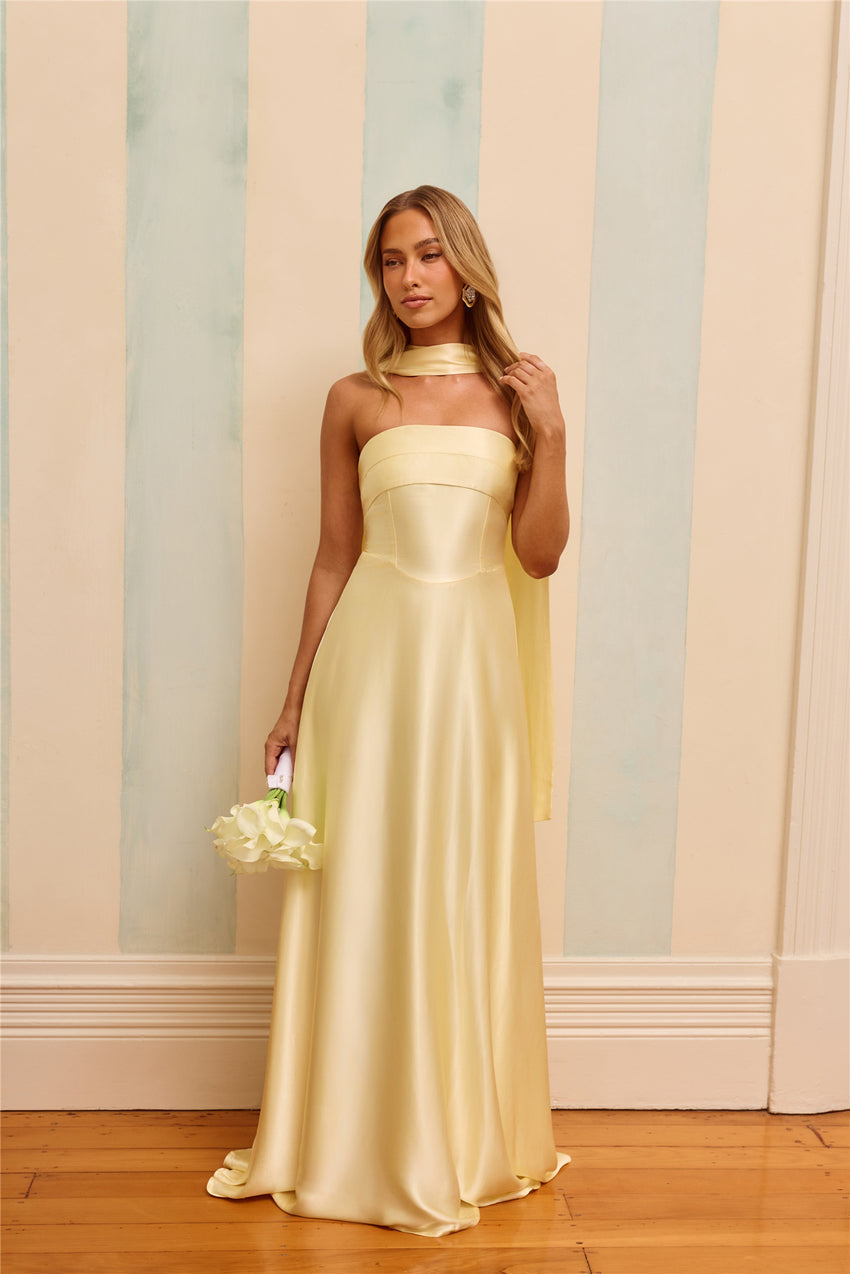 The Serina Strapless Satin Maxi Dress Yellow