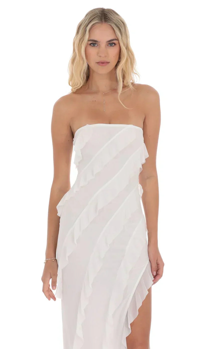 Cloud Nine Mesh Ruffle Strapless Maxi Dress