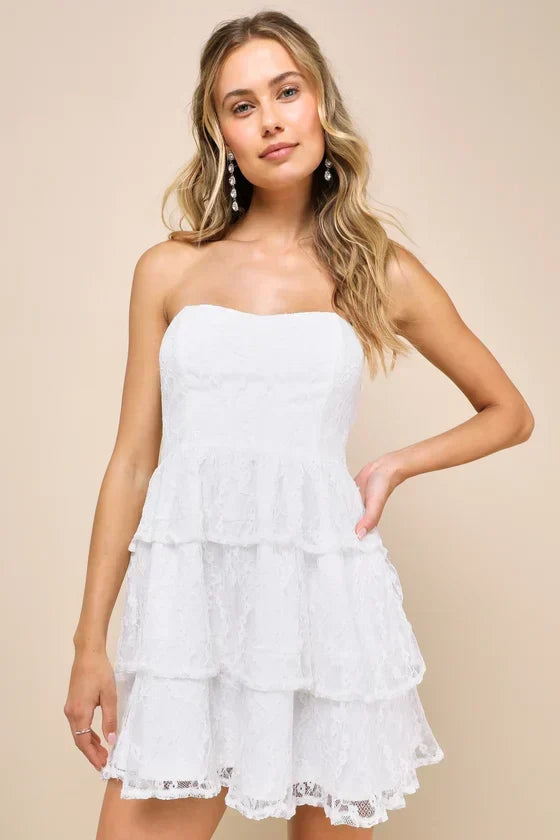 Sweet Perception Light Blue Lace Strapless Tiered Mini Dress