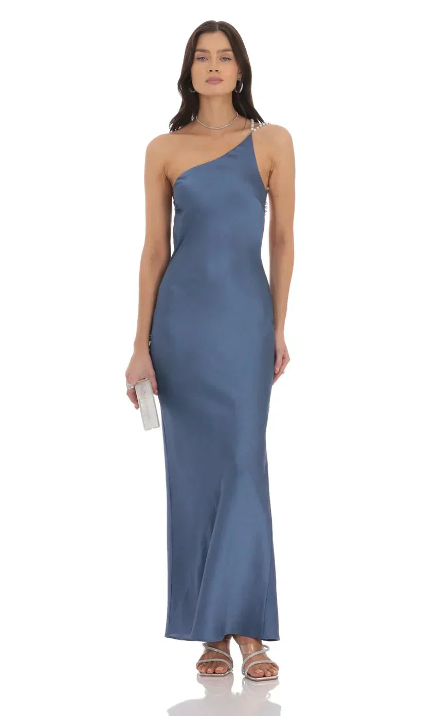 One Shoulder Pearl Satin Maxi Dress in Slate Blue