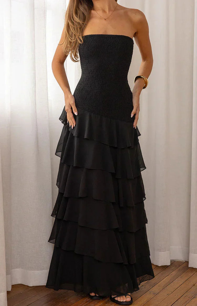 Riles Black Strapless Ruffle Maxi Dress