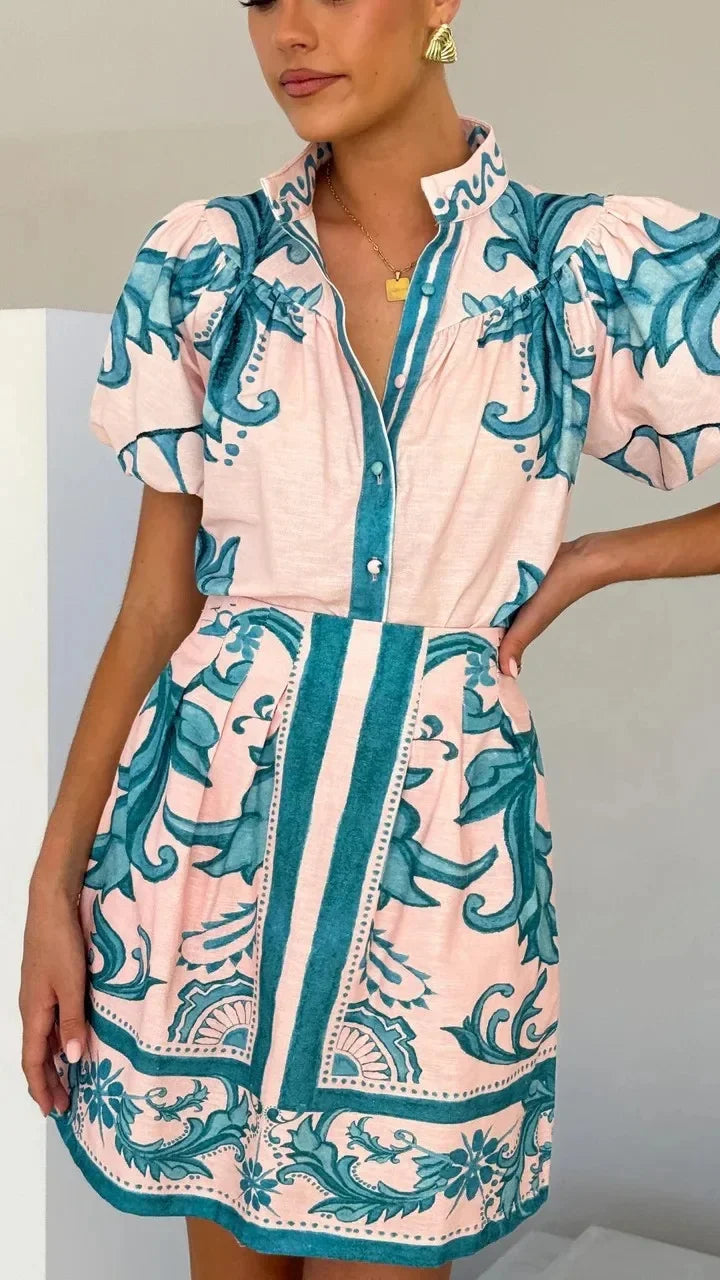 Duttini | Linen Floral Cocktail Dress Set (Top & Skirt)