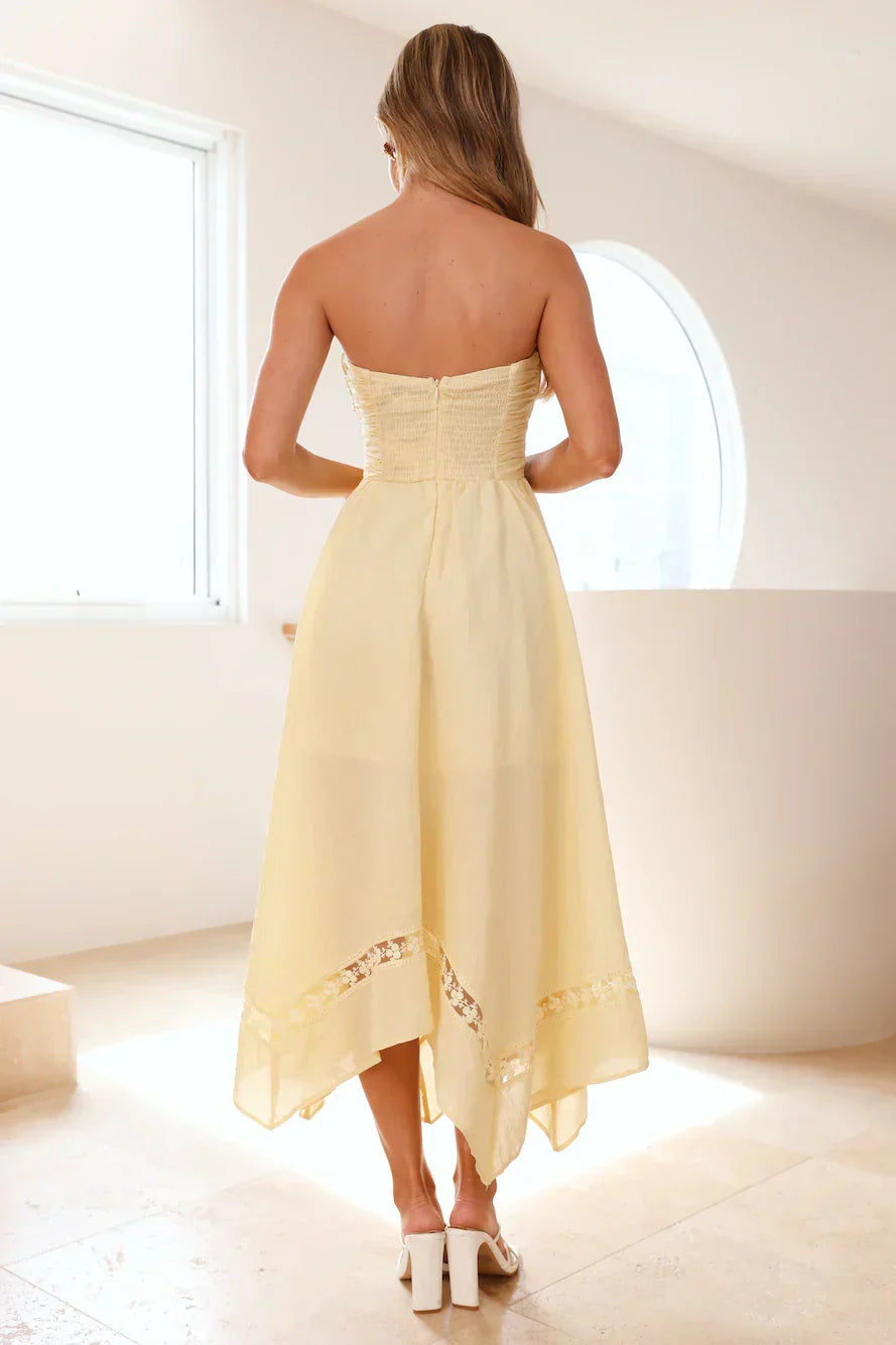 Visit The Moon Strapless Midi Dress Yellow