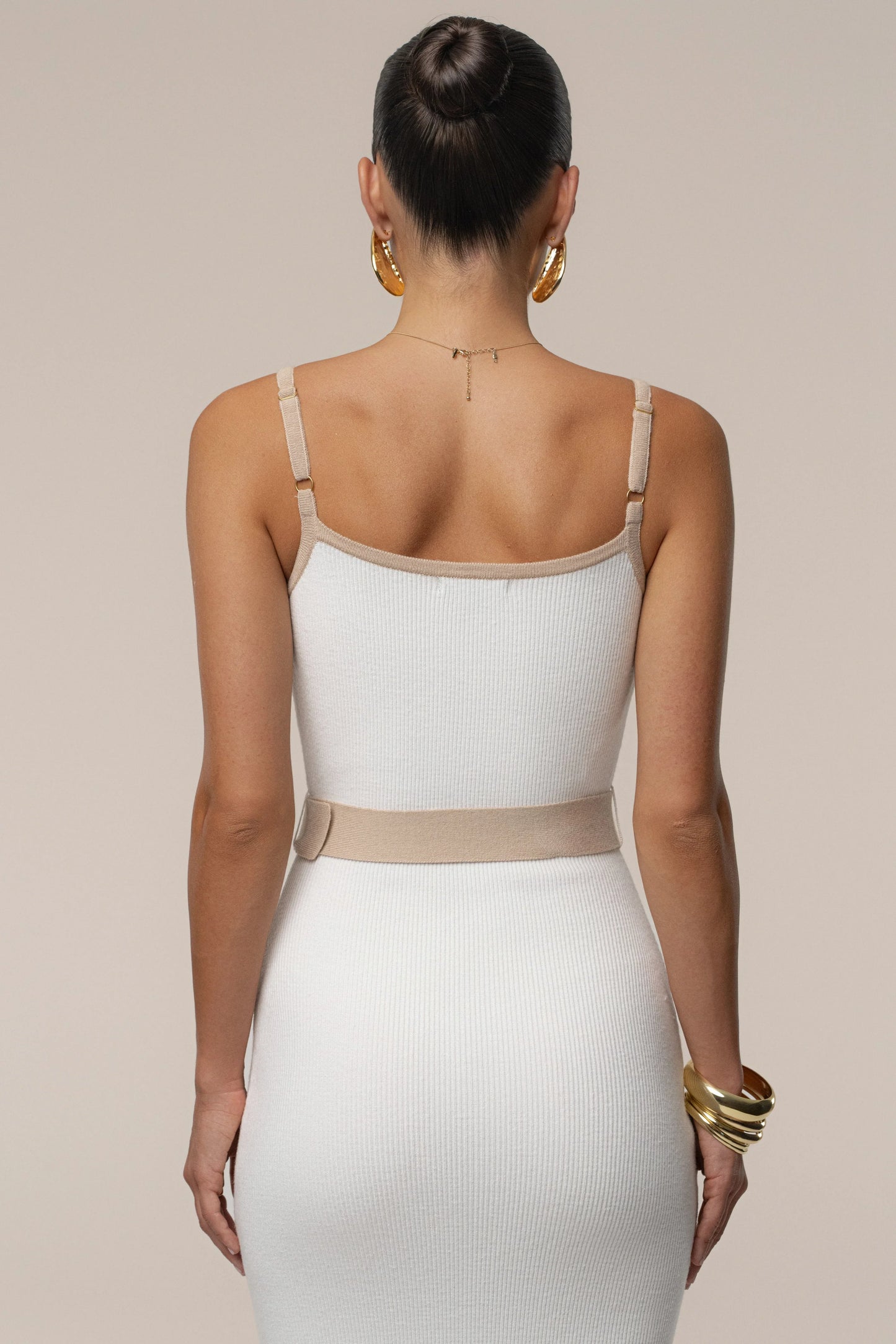Ivory Beige Belted Cami Maxi Dress