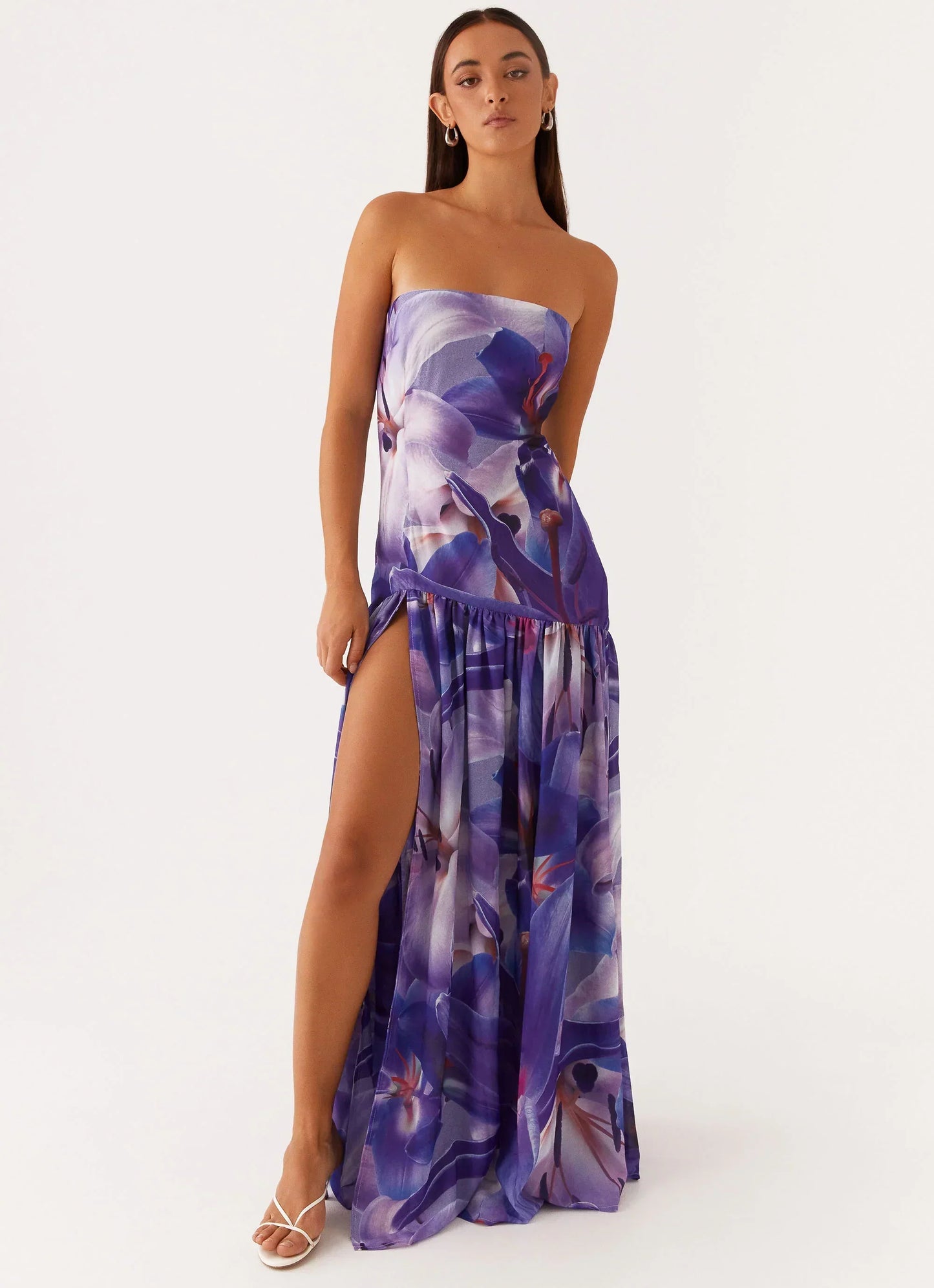 Eden Strapless Maxi Dress - Purple White Lilly