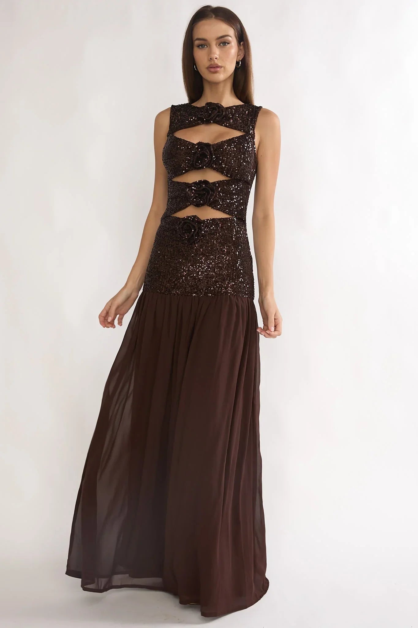 Dioris Sequin Maxi Dress Chocolate