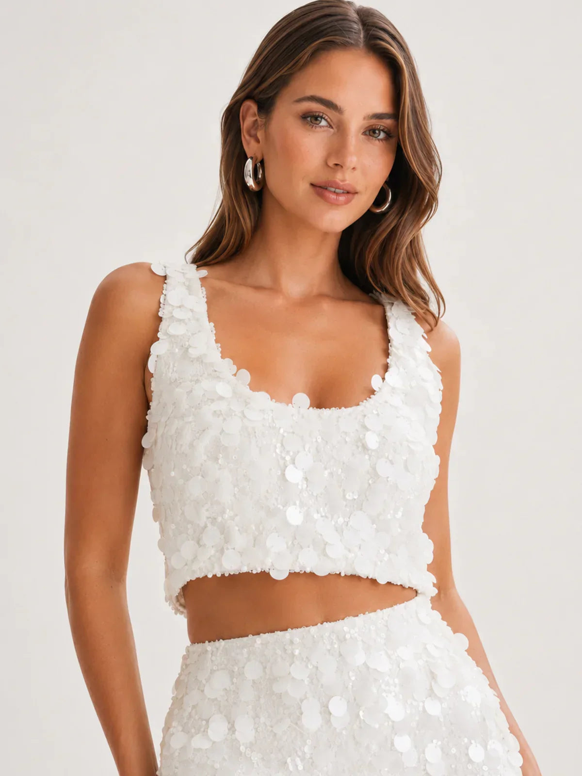 Maude Transparent Sequin Racer Crop Top - Ivory