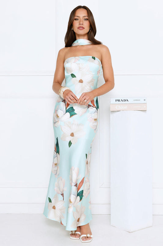 Softly Radiant Satin Maxi Dress Green