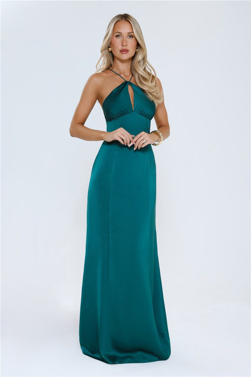 Gleam Dream Satin Maxi Dress Emerald