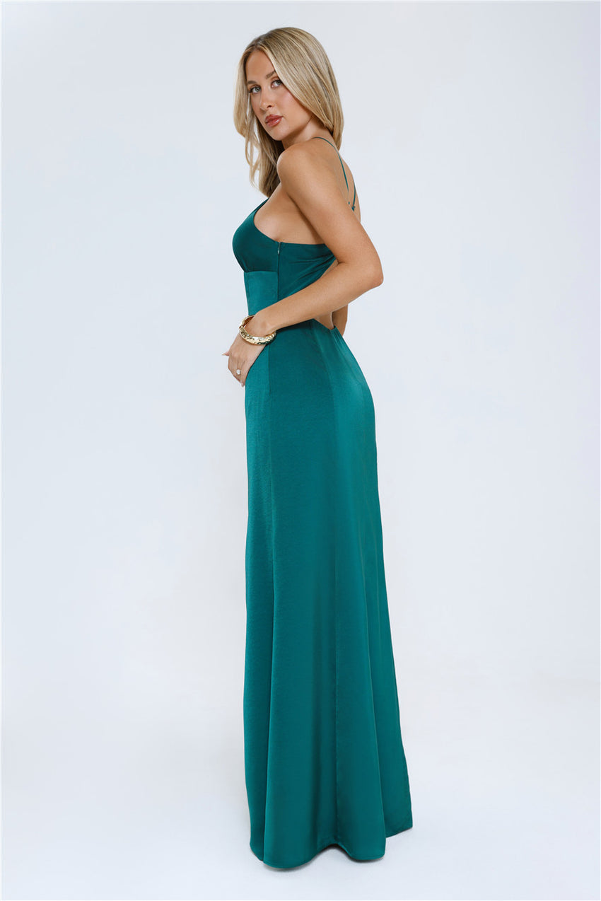 Gleam Dream Satin Maxi Dress Emerald