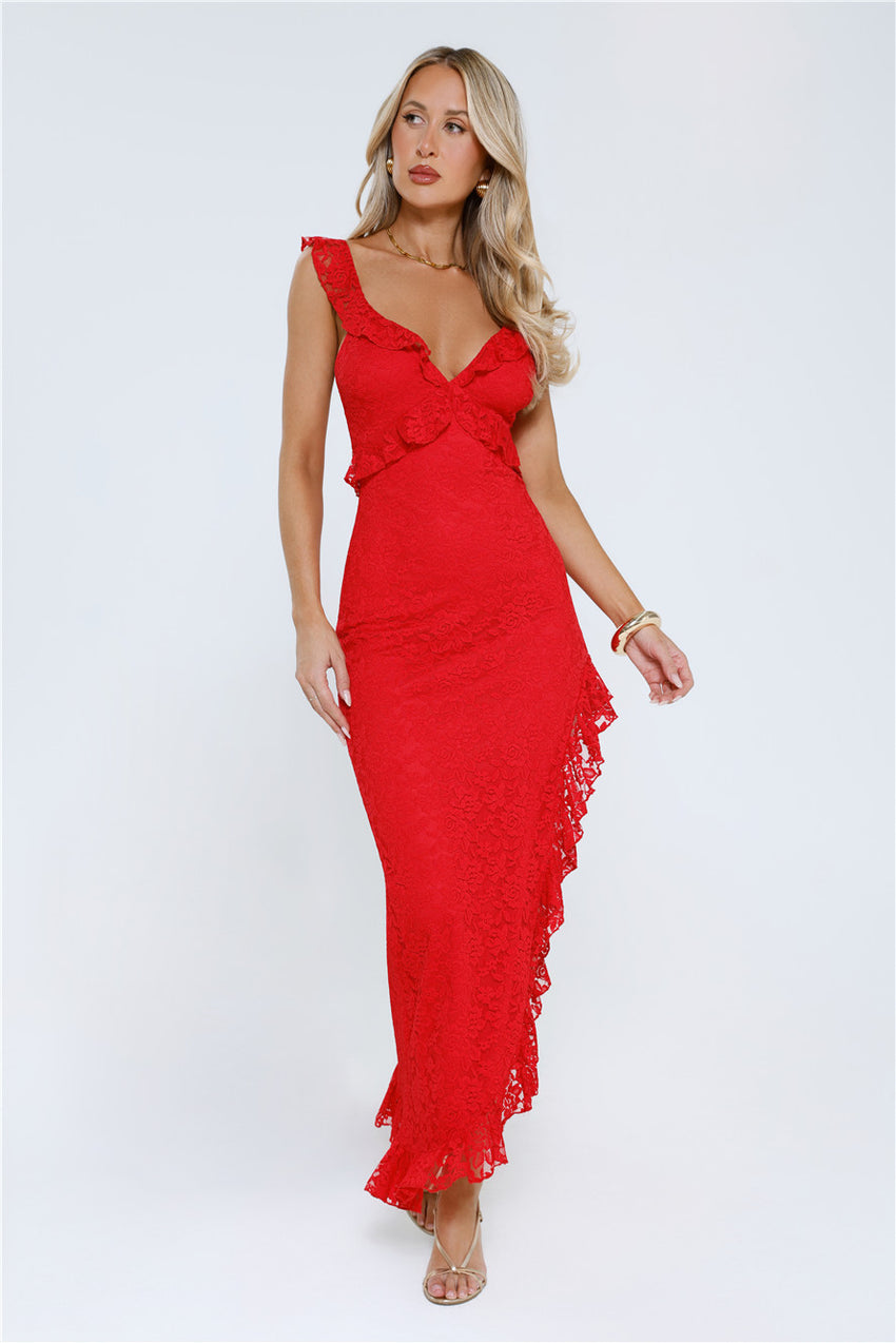Enchanted By You Lace Midi Dress Red