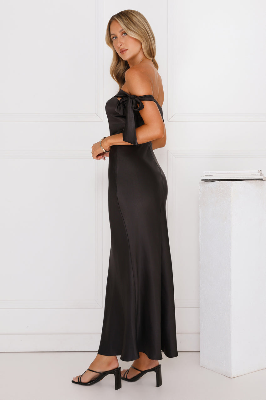 The Hype Off Shoulder Satin Midi Dress Black