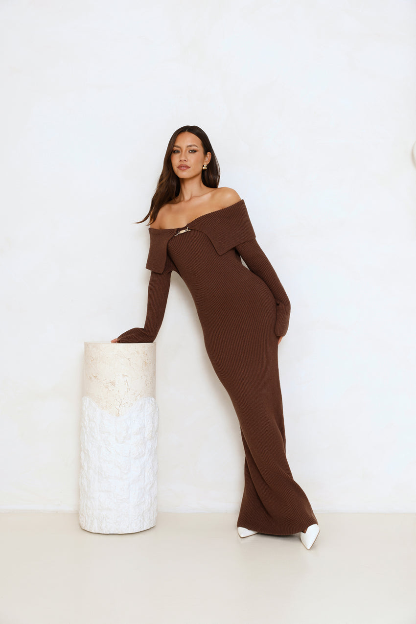 Simple Silhouettes Knit Off Shoulder Maxi Dress Brown