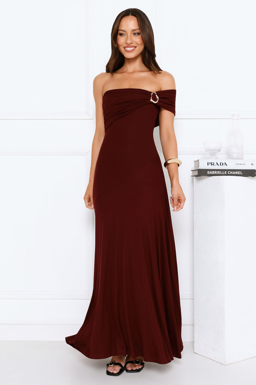 Dewdrop Daze One Shoulder Maxi Dress Burgundy