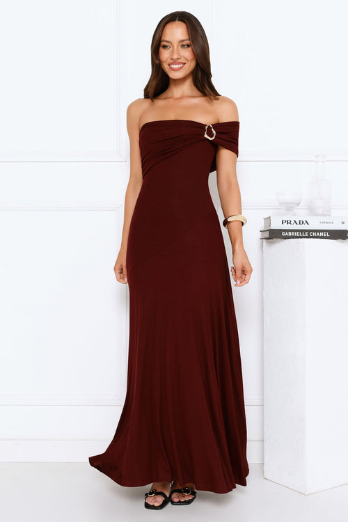 Dewdrop Daze One Shoulder Maxi Dress Burgundy