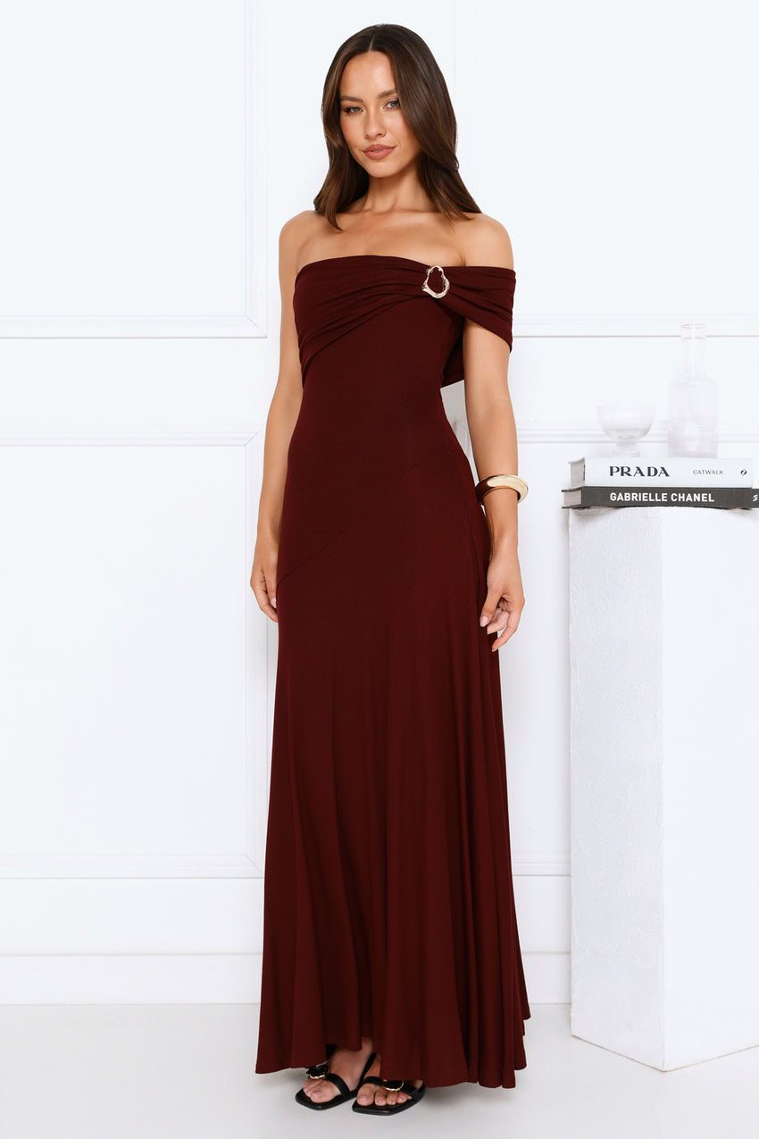 Dewdrop Daze One Shoulder Maxi Dress Burgundy