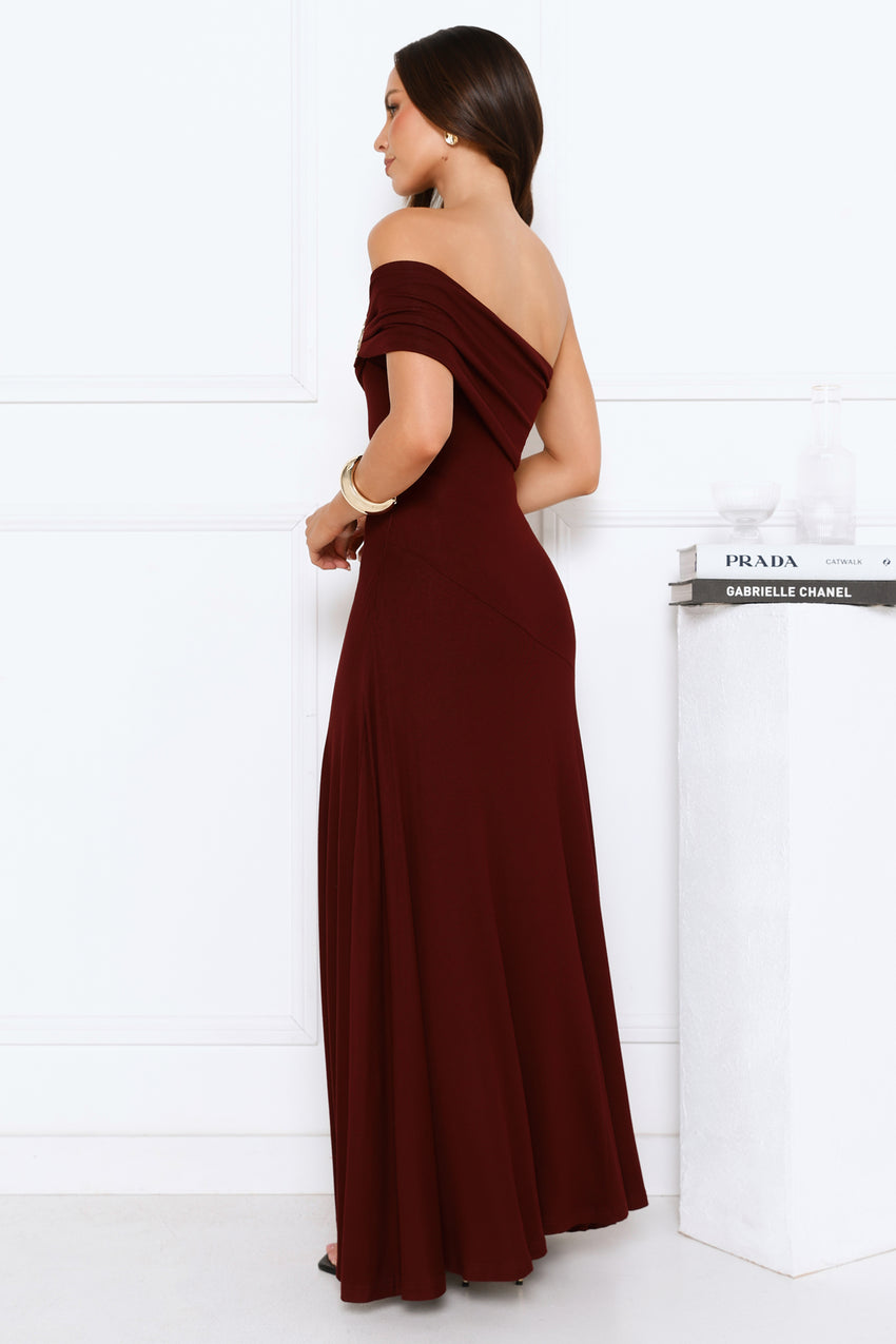 Dewdrop Daze One Shoulder Maxi Dress Burgundy
