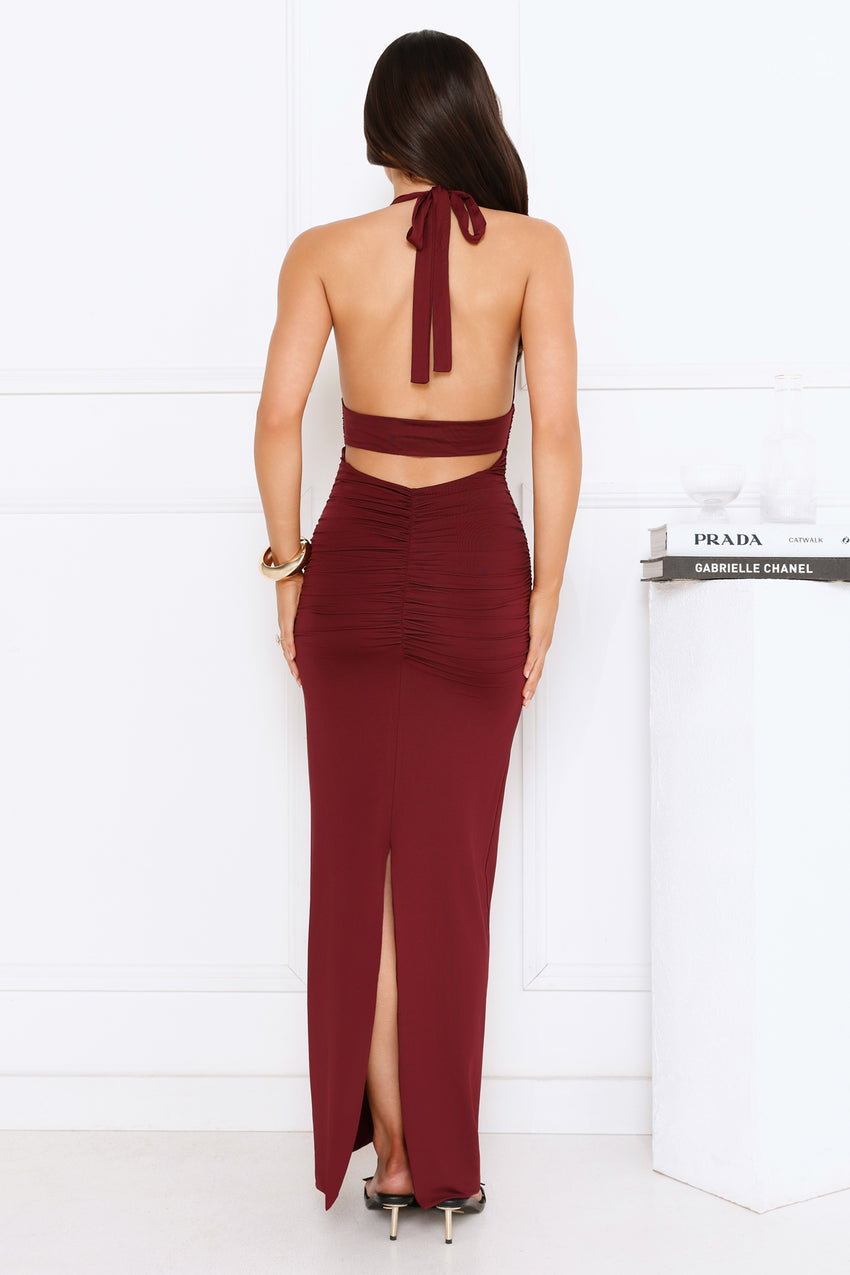 Starlit Elegance Halter Maxi Dress Burgundy