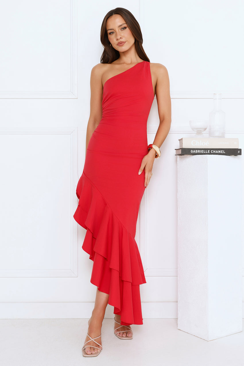 Glow Flicker One Shoulder Maxi Dress Red