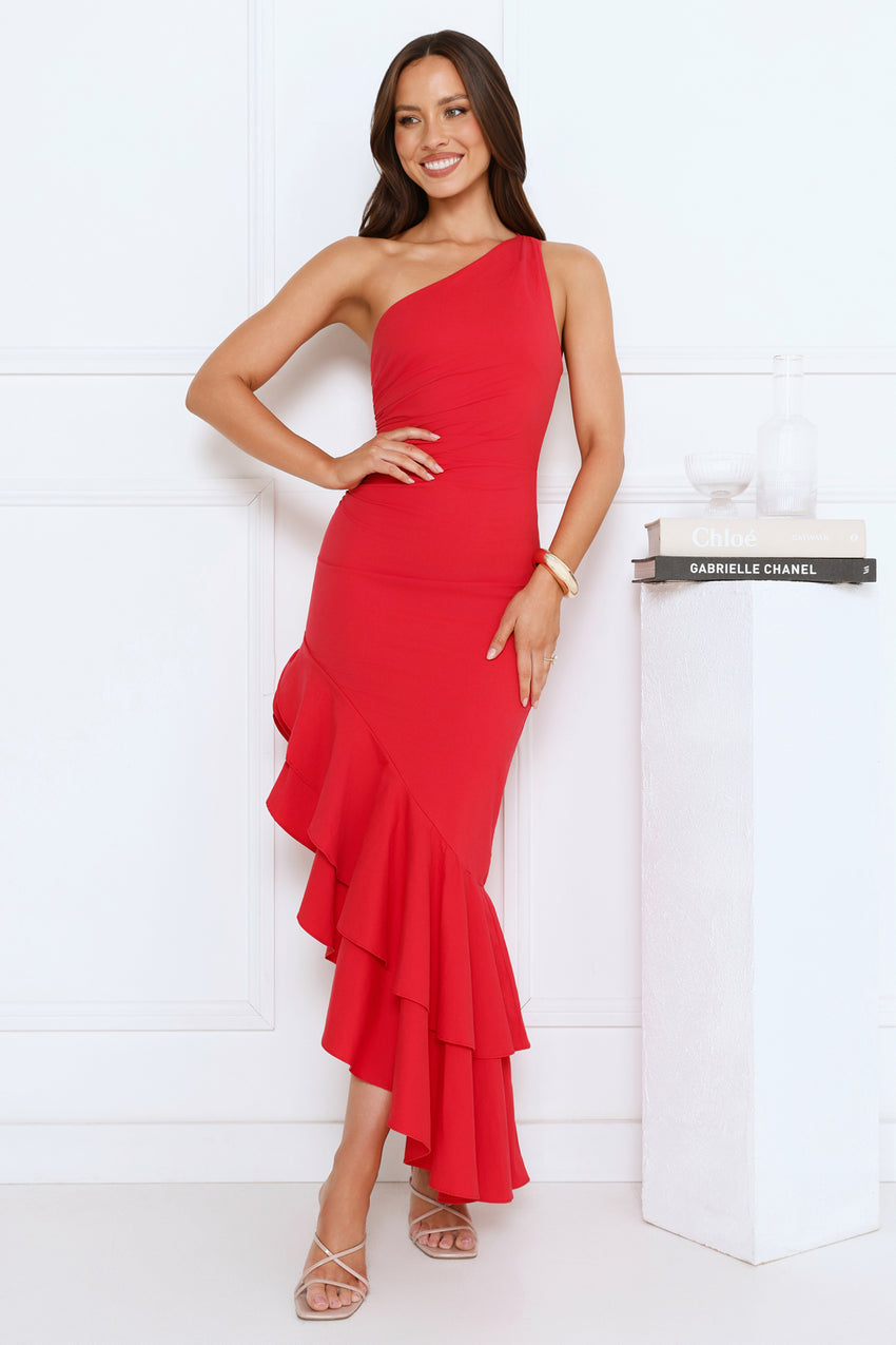 Glow Flicker One Shoulder Maxi Dress Red