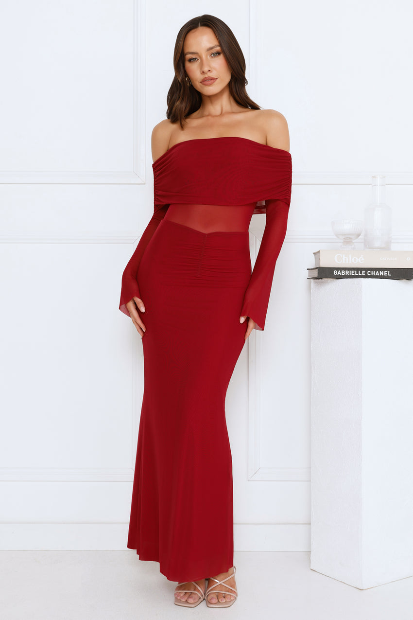 Softspell Off Shoulder Mesh Maxi Dress Burgundy
