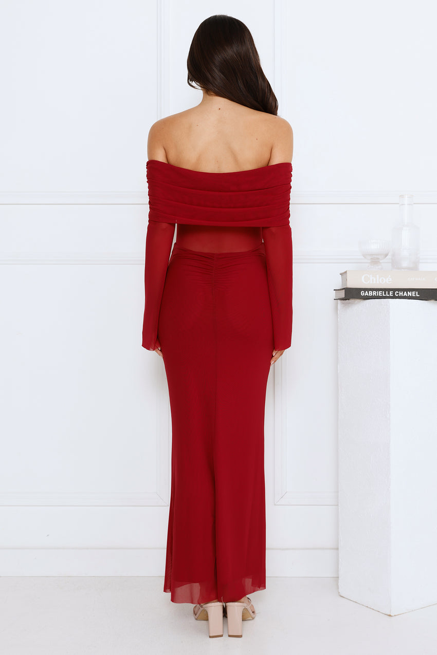 Softspell Off Shoulder Mesh Maxi Dress Burgundy