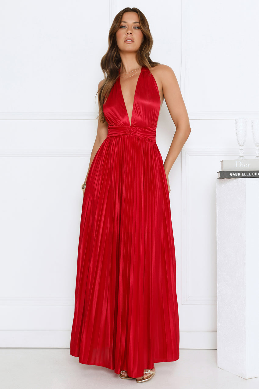 Shimmering Sea Pleated Halter Maxi Dress Red