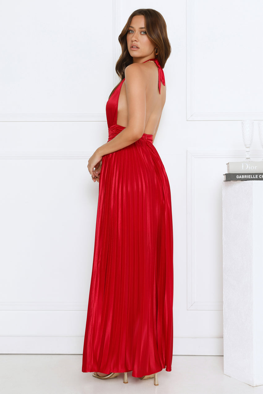 Shimmering Sea Pleated Halter Maxi Dress Red