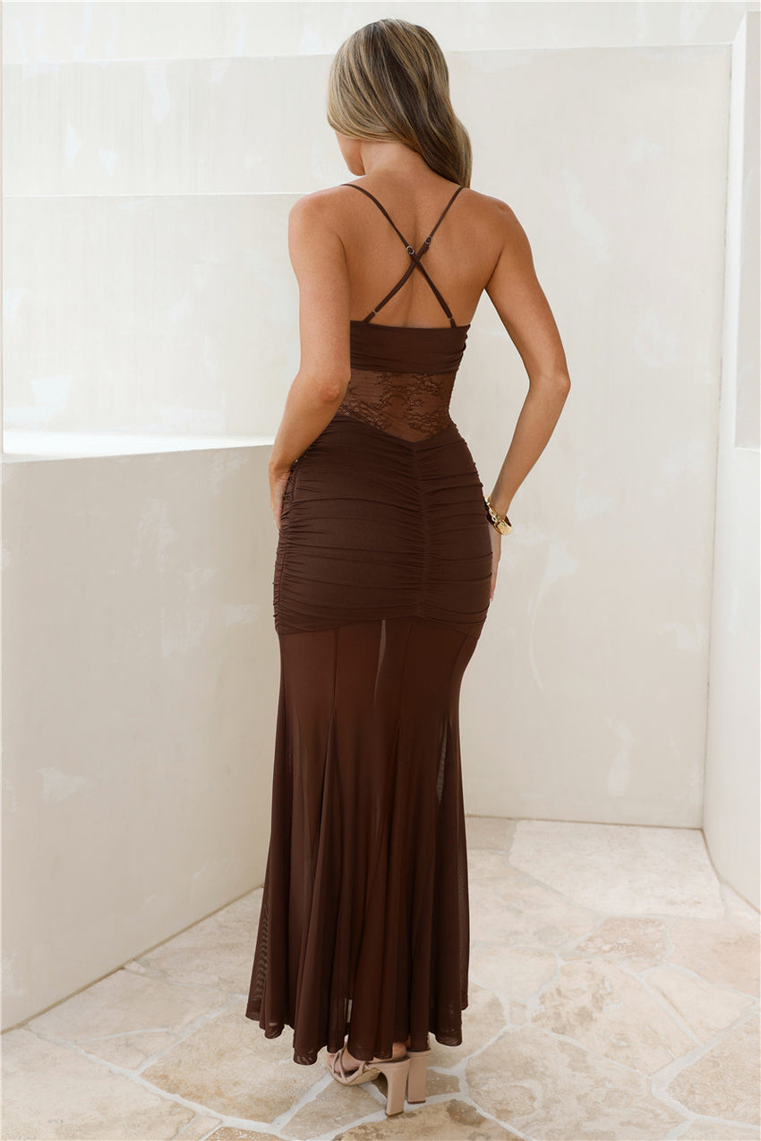 Darling Mischief Mesh Maxi Dress Brown