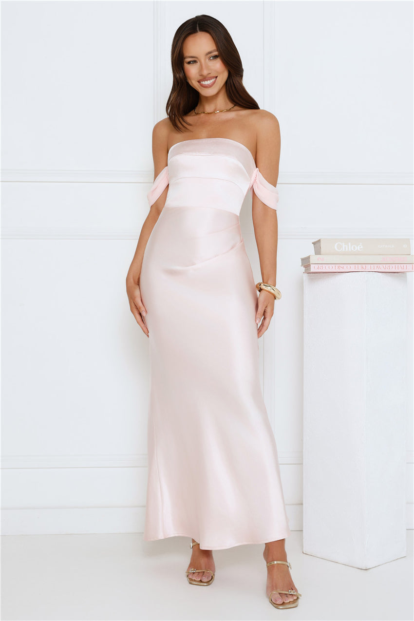 Hot Girl Diaries Off Shoulder Satin Maxi Dress Pink