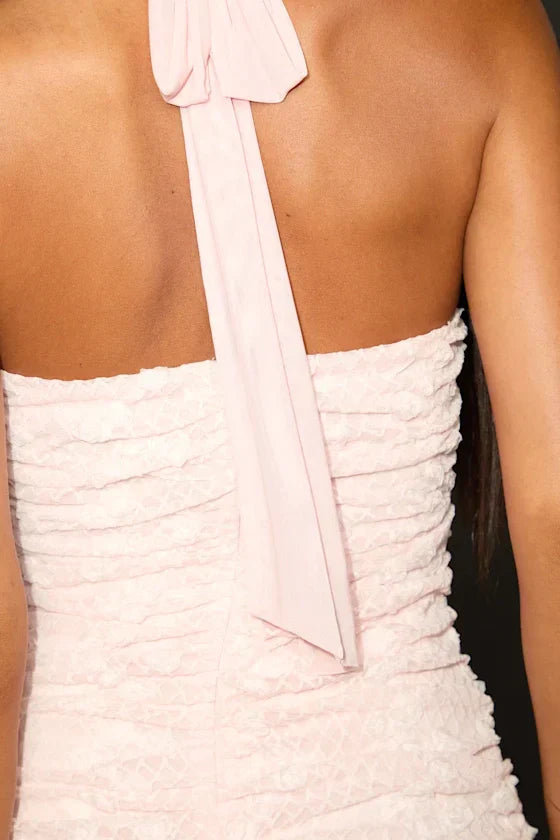 Dominique Blush Pink Lace Ruched Halter Mini Dress