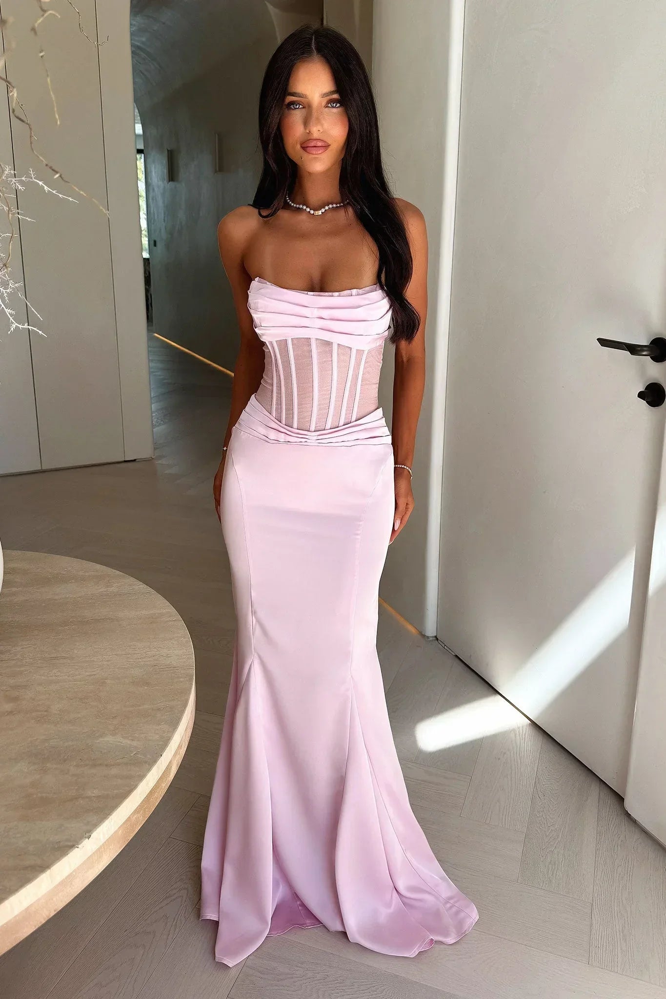 Aderyn Satin Corset Maxi Dress - Pink