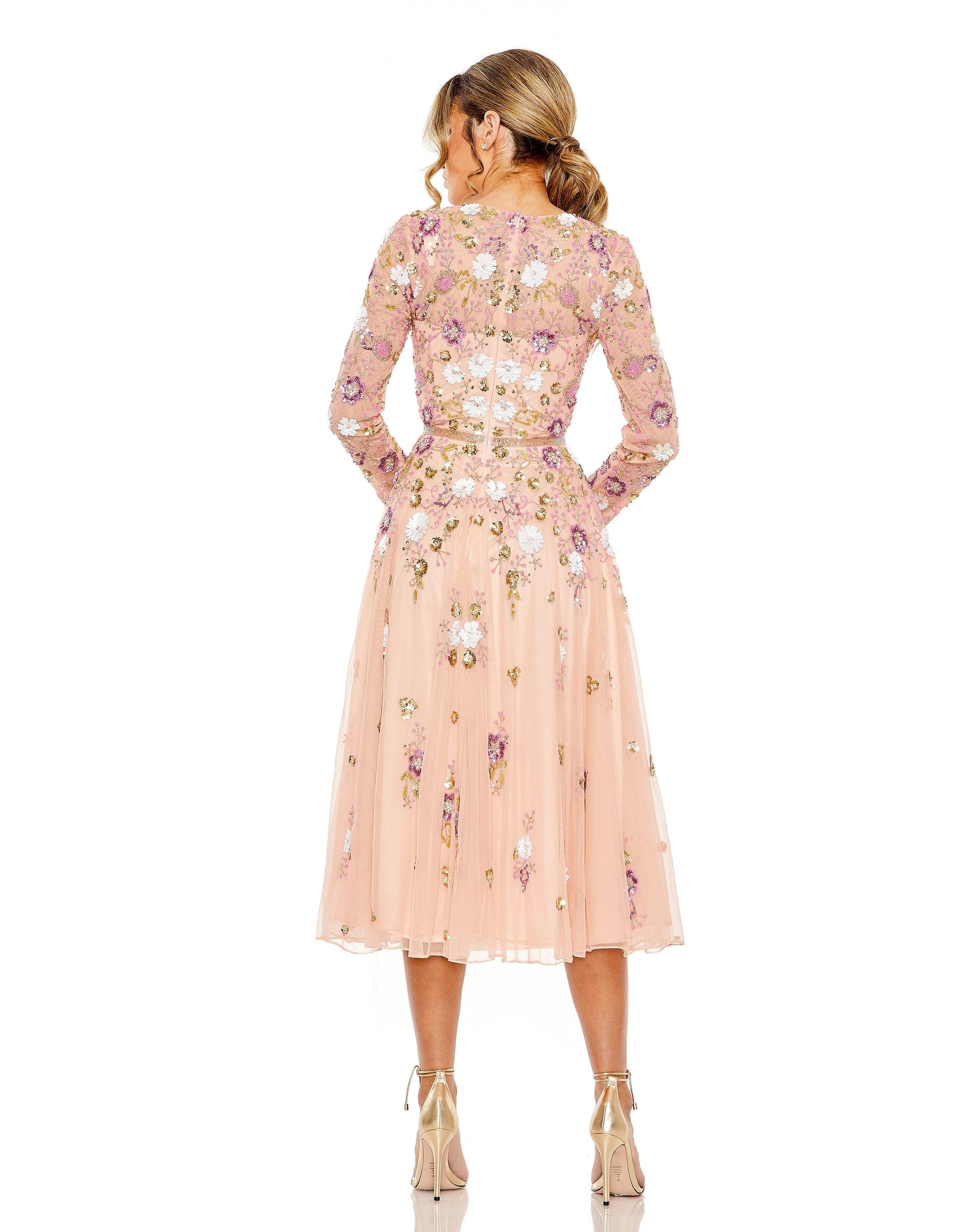 Tea Length Long Sleeve Formal Dress