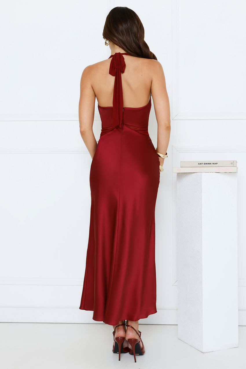 Nocturnal Bloom Satin Halter Maxi Dress Plum